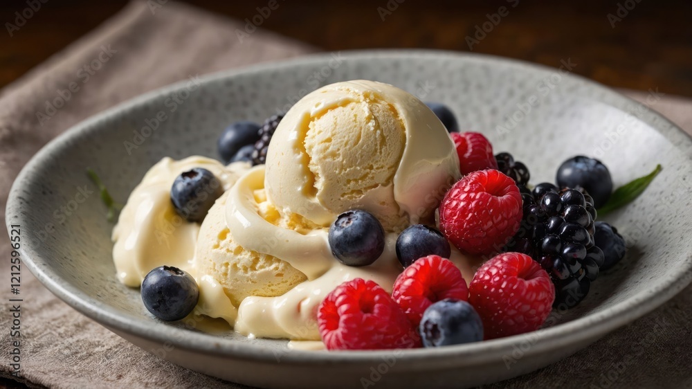 A bowl of creamy vanilla ice cream topped with fresh berries. A bowl of creamy vanilla ice cream topped with fresh berries.
