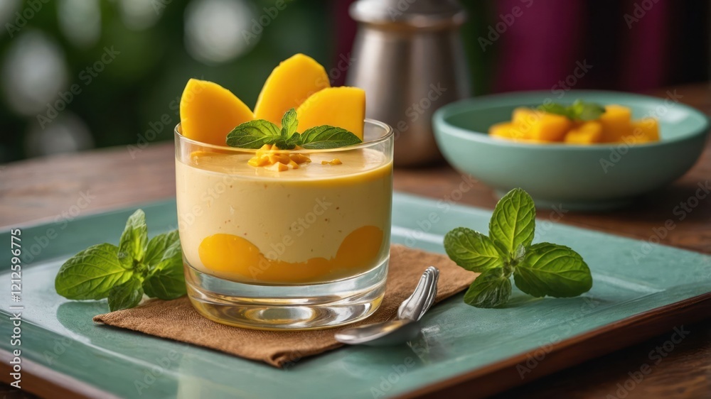 A creamy mango dessert garnished with mint leaves, served in a glass on a wooden table. A creamy mango dessert garnished with mint leaves, served in a glass on a wooden table.