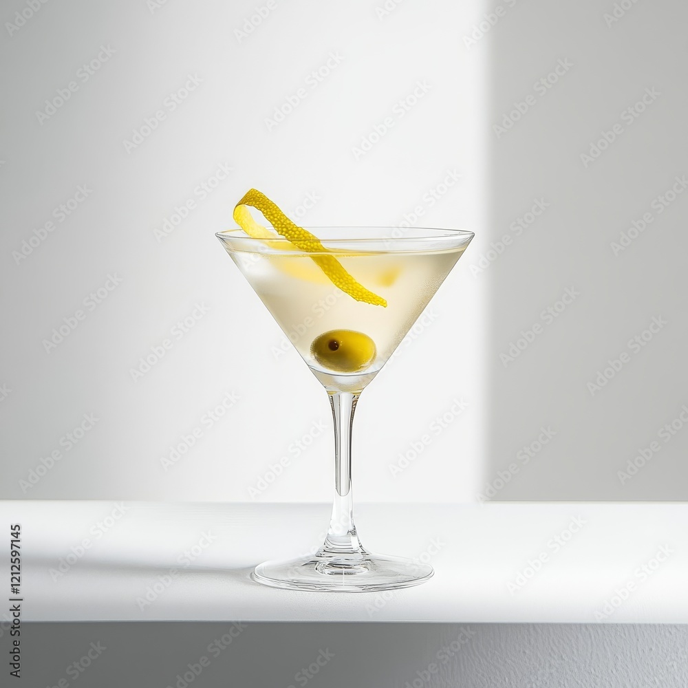 An elegant Martini with olive and lemon zest, showcased against an isolated white background, minimalism art style An elegant Martini with olive and lemon zest, showcased against an isolated white background, minimalism art style