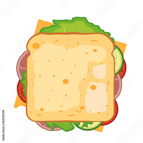 sandwich top view, Slice of bread with cheese, tomato, salad, ham.