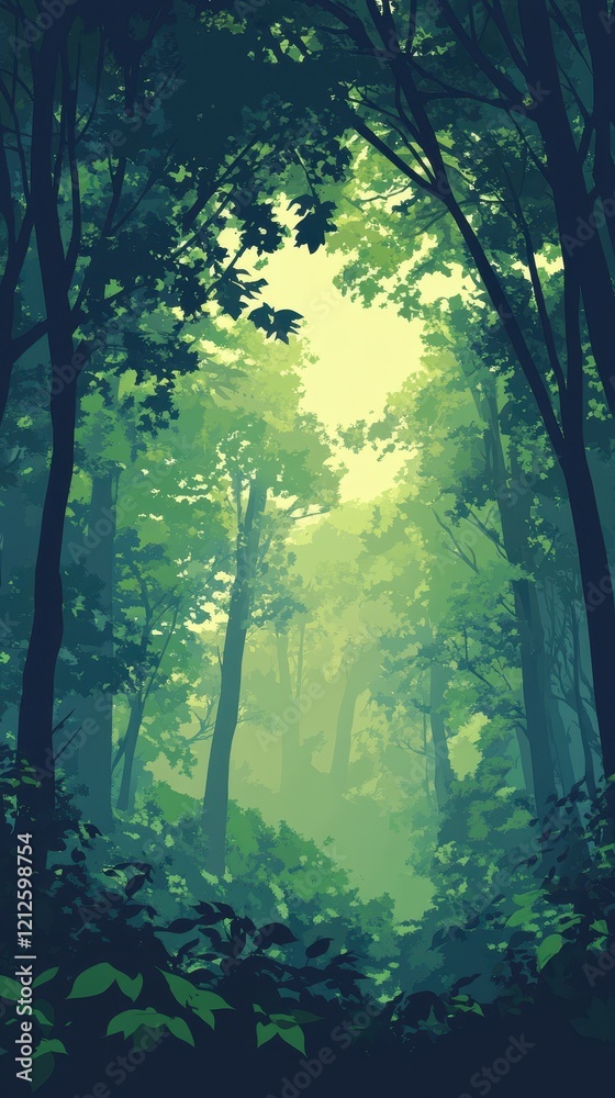 Fototapeta premium Serene Green Forest Path Sunlight Through Canopy
