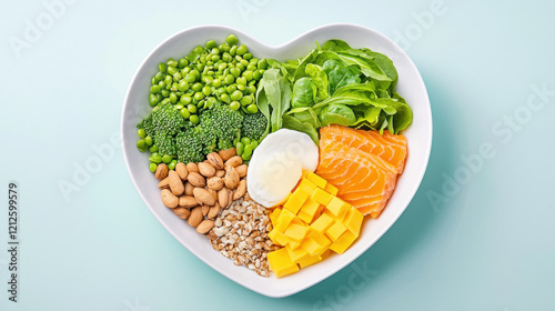 Fresh heart shaped plate filled with vibrant vegetables, fruits, and protein. healthy and colorful meal showcasing greens, salmon, and nuts photo