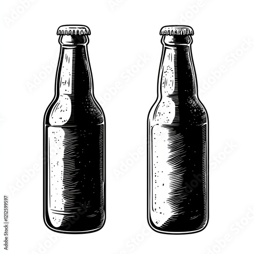 Beer bottle black and white illustration on white background, line art, alcohol clipart, art for print, ideas for engraving laser