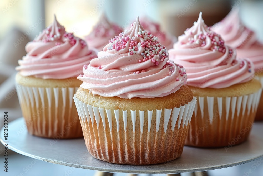 Three delicious cupcakes with pink frosting and colorful sprinkles on a plate, perfect for parties or special occasions Three delicious cupcakes with pink frosting and colorful sprinkles on a plate, perfect for parties or special occasions