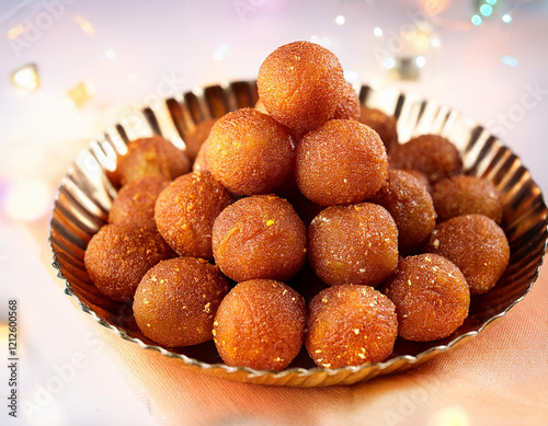 Bundi laddu dessert made during indian festival. It is famous dessert which made in every home during special occasion such as wedding or various festivals. Used selective focus. photo