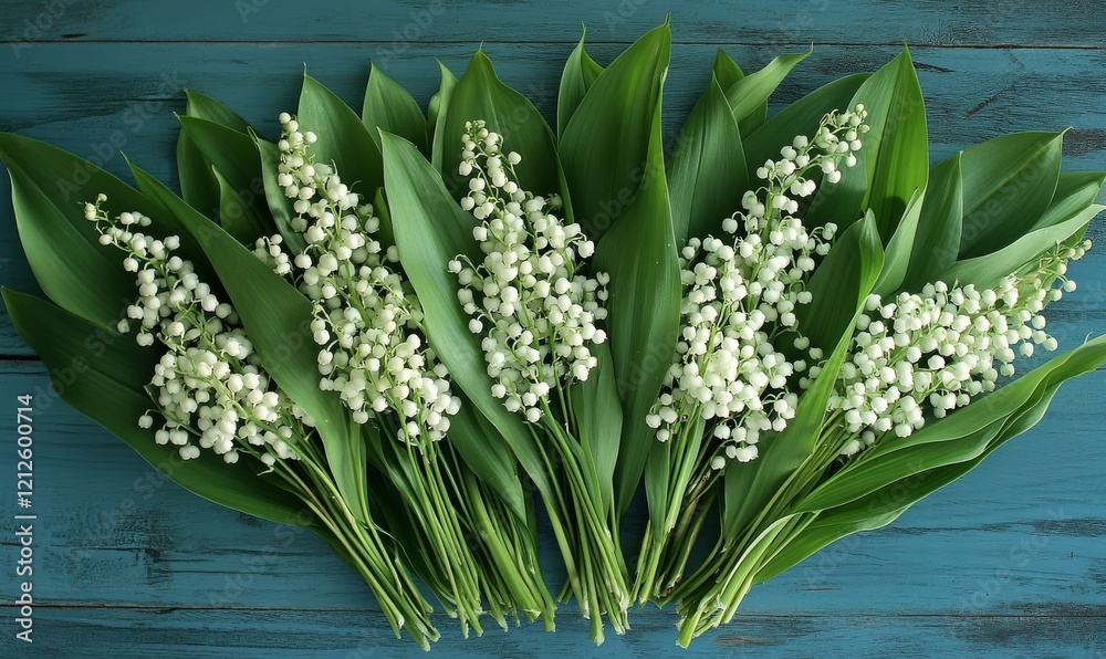 Obraz premium Close-up photo of lilies of the valley arranged on a blue wooden table