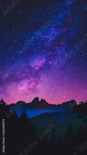 Mystical purple gradient moonlight sky with clouds and stars for phone background wallpaper photo