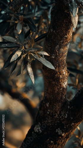 Close-up of an olive tree, focusing on the detailed view of the gnarled trunk and silvery leaves, possibly with dewdrops catching the morning light. photo