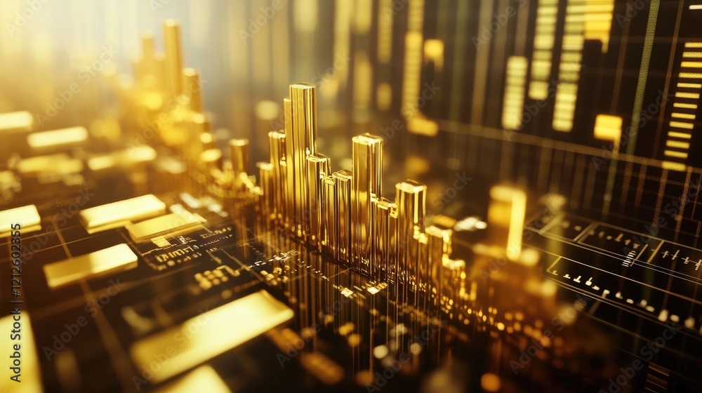 Obraz premium A realistic D financial chart made of gold, with the bars elevated at different levels and surrounded by digital stock market data in the background.