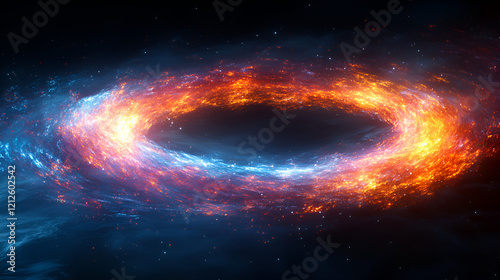 A vibrant ring of orange and blue gas swirls around a dark center in space