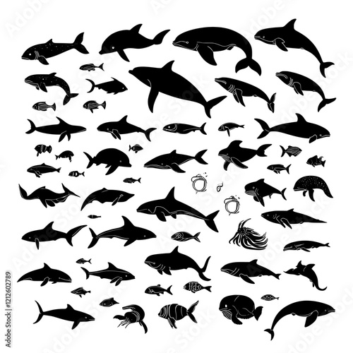 Modern sea animal symbols and outline graphics