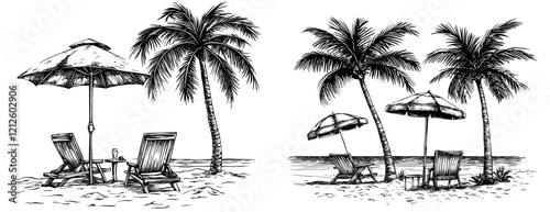 Hand-drawn seaside view featuring palm-lined beach on an ocean or sea shore. Modern black and white illustration of an island shore with an umbrella and chaise longue. Sketch of a picturesque scene