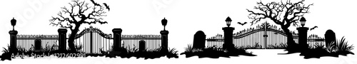 Silhouettes of headstones and crosses dominate the scene. Cemetery elements on display. Graveyard landscape