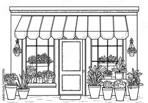 A modern flower shop depicted in a black and white sketch style graphic