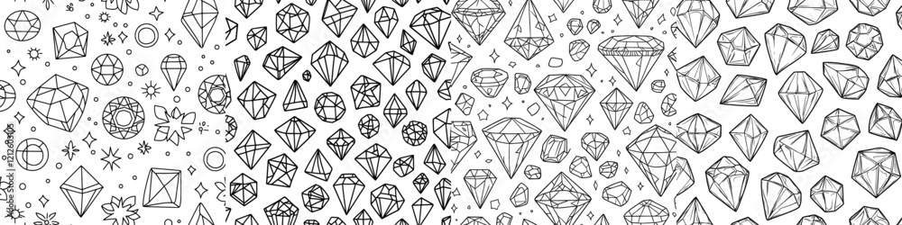 A contemporary black and white seamless pattern featuring line-drawn gems and jewels, with linear diamonds of various cuts set against a monochrome backdrop