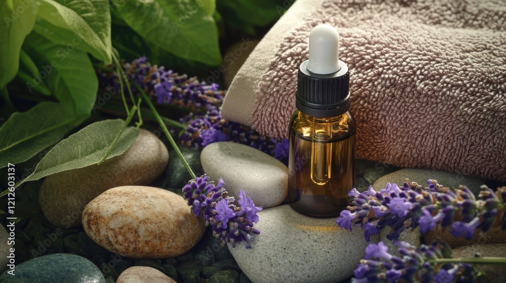 A bottle of essential oil placed among natural elements, suitable for wellness or spa-related content A bottle of essential oil placed among natural elements, suitable for wellness or spa-related content