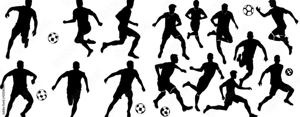 silhouettes of soccer players in action, kicking the ball silhouettes of soccer players in action, kicking the ball