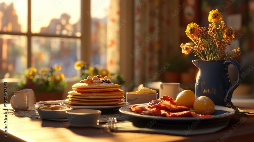 Fototapeta premium Sunny morning breakfast scene with pancakes, bacon, eggs, and flowers on a rustic wooden table.