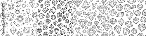A contemporary black and white seamless pattern featuring line-drawn gems and jewels, with linear diamonds of various cuts set against a monochrome backdrop