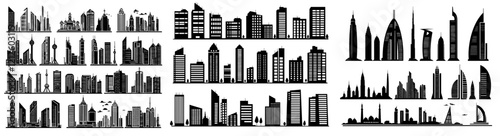 Urban cityscape silhouettes in a modern illustration. Night town skyline with black city buildings isolated on a white background