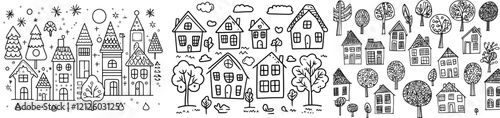 Street in the neighborhood, hand drawn, suitable for a coloring book