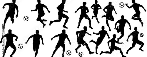 silhouettes of soccer players in action, kicking the ball