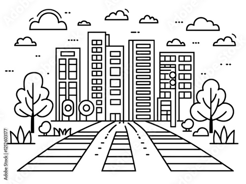 Black and white sketch illustration of a modern city street scene
