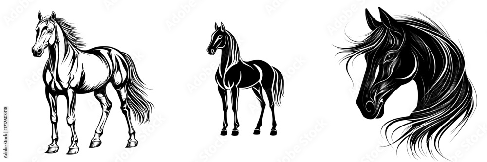A black silhouette of a standing horse on a white background, shown from the side A black silhouette of a standing horse on a white background, shown from the side