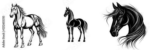A black silhouette of a standing horse on a white background, shown from the side