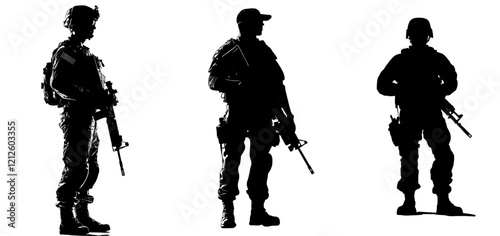 A police special forces operative, equipped with a riot protection helmet and visor flipped up, is shown standing and crouching with a shotgun, represented as a sleek black silhouette on a white