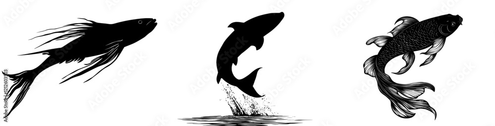 A black silhouette of a Koi carp, symbolizing luck, fortune, and prosperity, depicted as a modern cartoon illustration with black dots, isolated on a white background A black silhouette of a Koi carp, symbolizing luck, fortune, and prosperity, depicted as a modern cartoon illustration with black dots, isolated on a white background