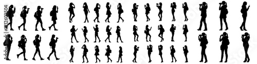 A contemporary outline of a teenager with a backpack, stick, and binoculars, standing in a group of people, depicted in black on a white background