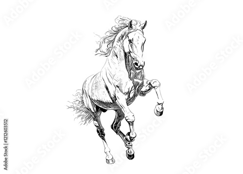Engraving and modern freehand drawing illustration of a running horse