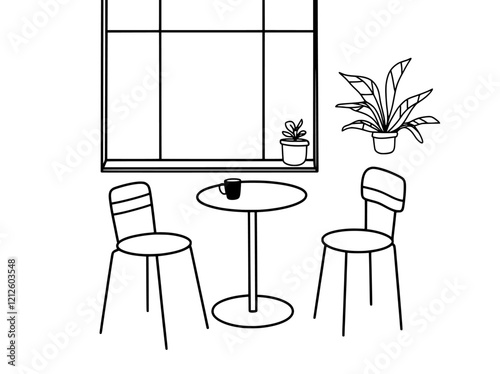 A black and white illustration of a modern cafe bar interior