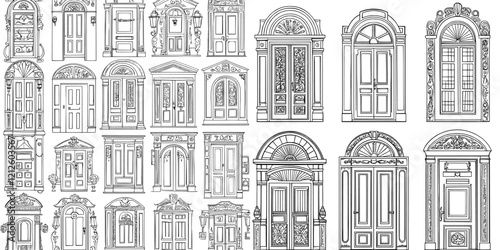 A seamless pattern coloring book featuring doors - black and white designs of house entrances ranging from medieval to modern times