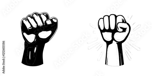 Isolated graphic of a modern protester's raised fist silhouette on a white background