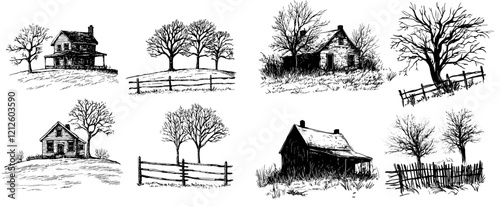 A detailed black and white ink illustration of a farmhouse and tree, hand-drawn in a modern style, available in EPS 8 format