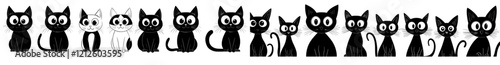 Collection of cat icons. Set of emoji symbols featuring kittens. Black and white simple outline images of cat heads. Isolated and modern