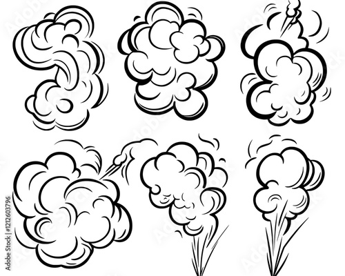 A set of black and white doodles, hand-drawn to depict modern steam clouds, smoke, and fog