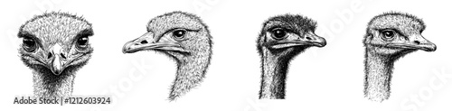 A modern illustration featuring an isolated ostrich in black and white engraving