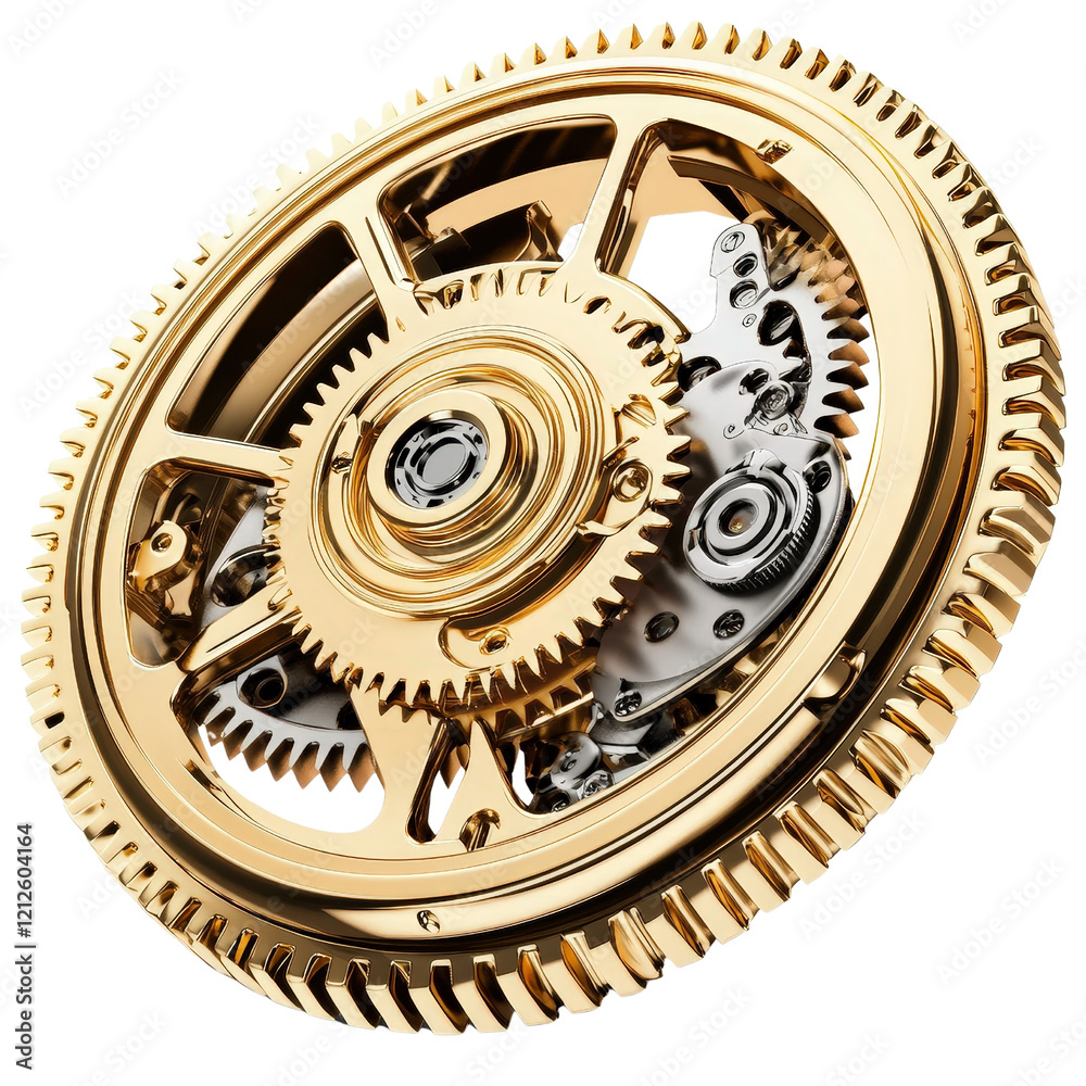 Obraz premium Gold gear wheel on black background industrial machinery component graphic design element isolated on transparent background.