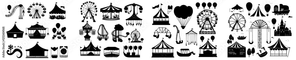 A collection of silhouette icons featuring circus, amusement park, carnival, carousel, rollercoaster, and ferris wheel attractions
