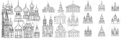 A collection of six contemporary drawings depicting the Russian Orthodox Church, featuring modern linear black-and-white illustrations, hand-drawn in a retro sketch style, focused on Easter and