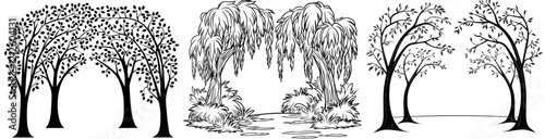 A hand-drawn simple modern sketch with a black outline depicting a landscape featuring nature, a road, and a path winding through a dense, overgrown forest. This path leads to an alley of dark trees