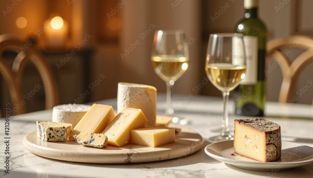 Wine and Cheese Cheese platter with white wine on elegant marble table Wine and Cheese Cheese platter with white wine on elegant marble table