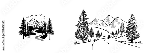 A modern illustration of a mountains road, depicted in a sketch style with hand-drawn rocky peaks, set against a black landscape on a white background