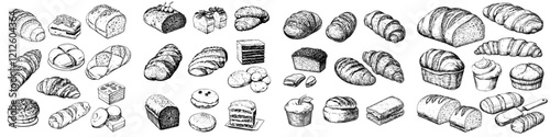 Collection of hand-drawn outlines of baked goods including bread, cookies, donuts, cupcakes, and buns, isolated on a white background. These are freehand drawings in a sketch style, representing a