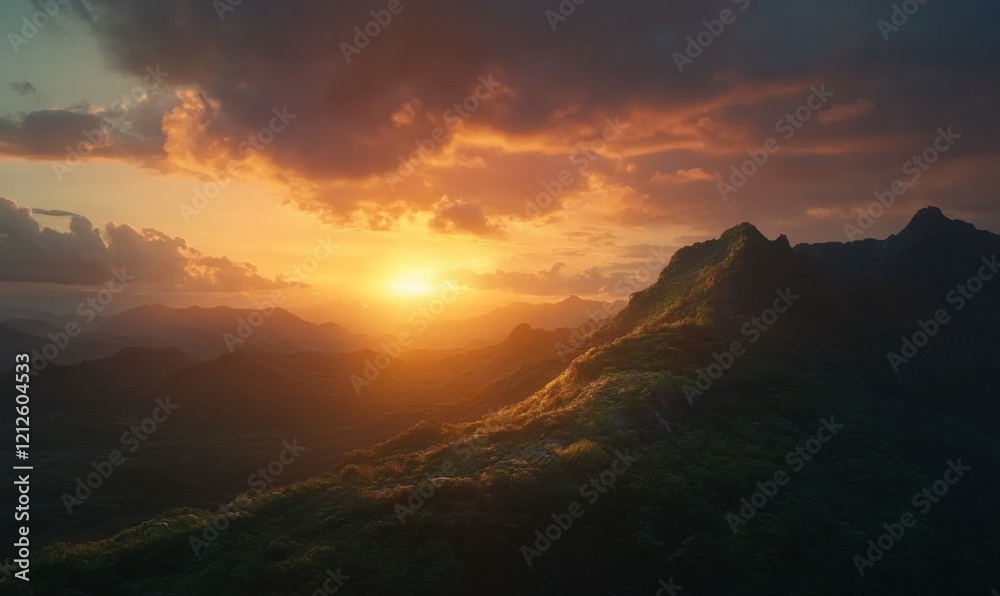 Close-Up sunset in the mountains with colorful clouds on hill during evening Close-Up sunset in the mountains with colorful clouds on hill during evening