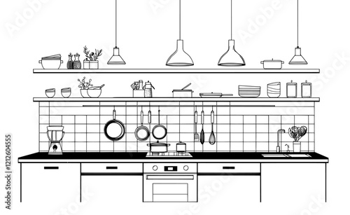 A contemporary kitchen design featuring linear-style furniture. An architectural sketch of a dining room with utensils, tools, and appliances, illustrated with black contour lines on a white