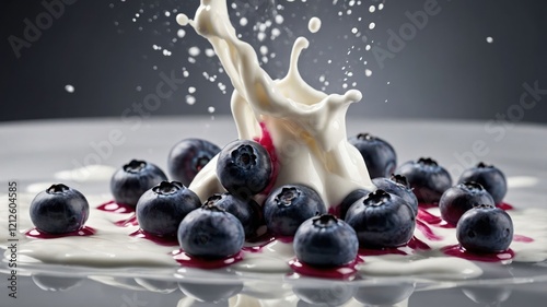A splash of milk over blueberries on a plate, creating a dynamic and appetizing scene.
